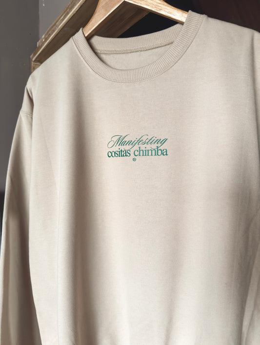 Buzo CF sin capota Mantifesting Cositas Chimba Beige Mujer